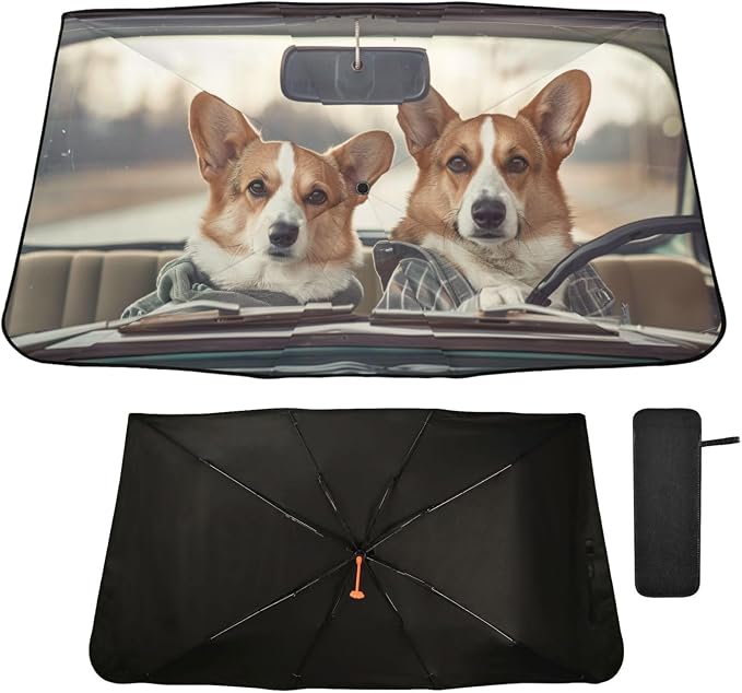Windshield Sun Shade Umbrella Cute Corgi Dog Driving Car Foldable Car Front Window Sunshade Blocks UV Rays Heat Keep Vehicle Cool 55"x27.5" by Oarencol