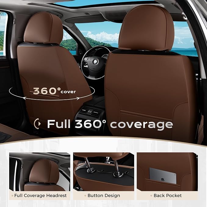 Coverado Universal Car Seat Covers Full Set, Premium Breathable Waterproof Faux Leather Front & Rear Seat Protectors, Luxury Automotive Interior for Sedans SUVs Trucks – CoffeeBlack - Image 2