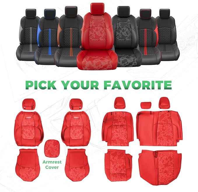RIDEPOSH Custom Leather Seat Covers for Toyota Tacoma Double Cab 2024-2026 | full set, camo red, OEM fit, premium waterproof leather, anti-slip, extra pockets, long-term durability, airbag compatible - Image 8