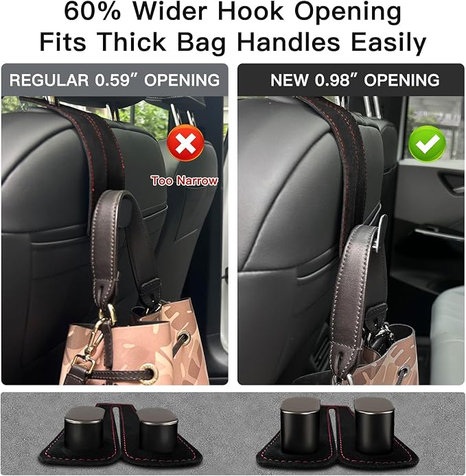 WideFit Car Headrest Hooks, 2 Pack for Wide-Strap Bags, Brown | 0.98 in opening fits thick purse straps. Premium leather and dual metal hooks hold up to 40 lb and rotate 360°. - Image 4