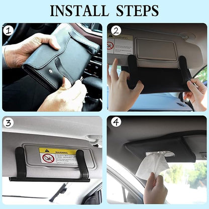 Car Tissue Holder, 2 Pack Sun Visor Napkin Holder, Premium PU Leather, Car Mask Holder for Sun Visor Vehicle, with Tissue Refill, Black&Beige - Image 4