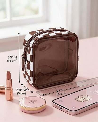 Clear Checkered Makeup Bag, Small Cosmetic Pouch with Zipper Mini Waterproof Makeup Purse Organizer Cute Cosmetic Bag Travel TSA Approved Toiletry Bag Car Organizer for Women Girls (Brown) - Image 5