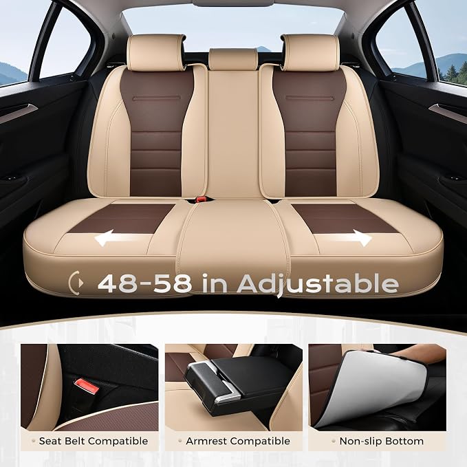 Coverado Car Seat Covers Full Set, Nappa Leather Seat Covers for Cars, Car Seat Protector Car Seat Cushion, Front and Back Seat Protectors Cushions Universal Fit for Most Cars Vehicles(Beige&Coffee) - Image 5