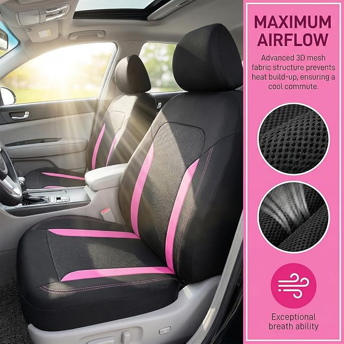 Car Seat Covers, Breathable Split Anti-Slip Vehicle Front Seat Protector with Removable Headrest Guard, Automotive Interior Chair Protective Covers, Universal for SUV Automobile Truck (Pink) - Image 3