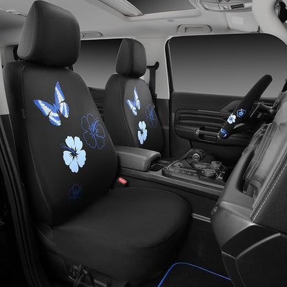 CAR PASS Blue Butterfly Car Seat Covers Full Set, Embroidered Flower Waterproof Car Floor Mats Carpet, Butterflies Steering Wheel Cover for Universal Car Accessories Interior Sets (Black and Blue) - Image 2