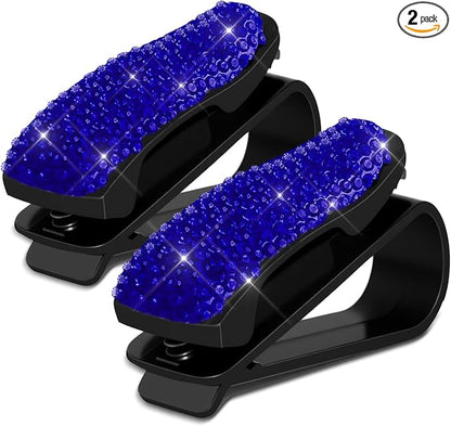 2PCS Bling Rhinestone Car Sun Visor Glasses Holders with Anti-Scratch Sponge, Sunglass Holder for Car, Ticket Card Clip Sunglasses Mount, Auto Eyeglass Hanger Clip for Women Girls (Blue) by Unknown