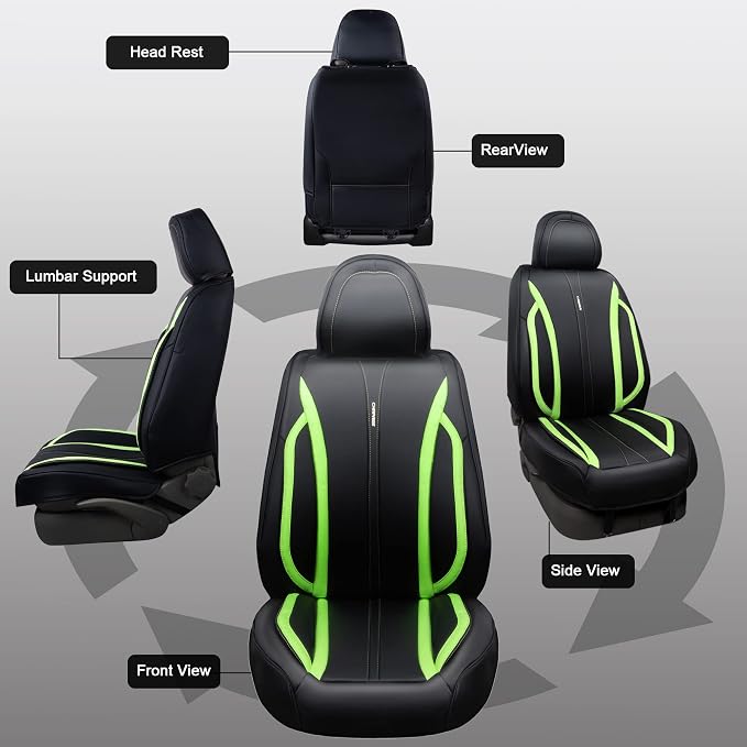 CAR PASS Fluorescent Green & Nappa Leather Seat Covers Full Set, with Backrest Cushion Protector Waist Protection Universal Fit for SUV Pick-up Truck, Automotive Vehicle Interior (Black Green) - Image 9