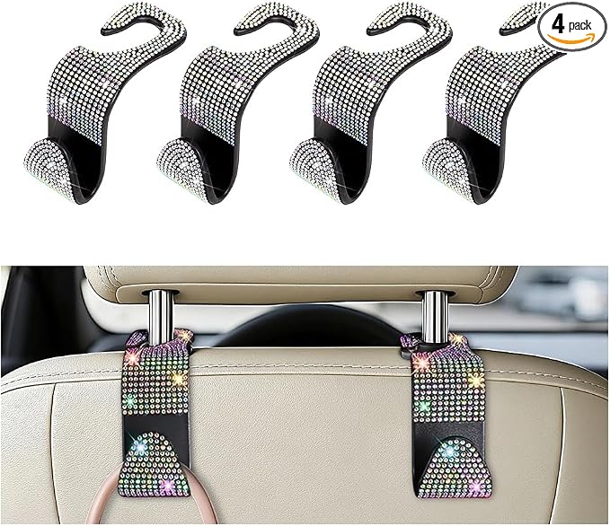 4PCS Bling Car Seat Headrest Hooks, Crystal Rhinestone Vehicle Back Seat Hanger Holder, Auto Interior Headrest Hanging Storage Organizer for Purse Handbag Coat, Universal Fit (AB Color) by SWPHRT