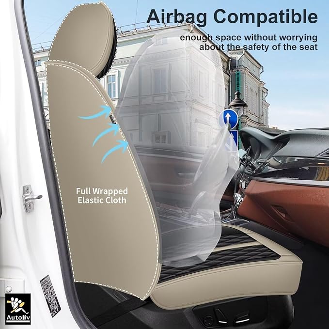 IKABEVEM Car Seat Covers Fit for Infiniti Q50 2014-2025 2026 Full Set | Waterproof Faux Leather, Airbag Compatible, Easy to Install & Wipe Car Seat Protector,5 Seats Covers Fit for , Beige&Black - Image 4