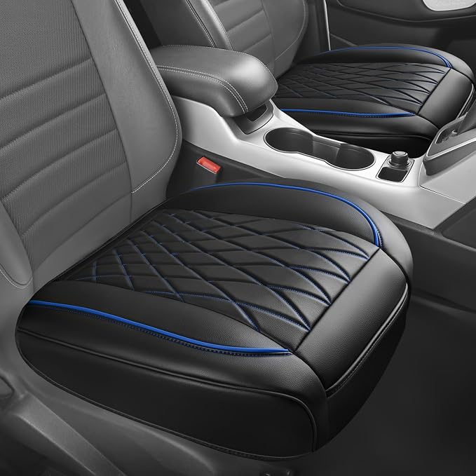 CAR PASS 2 Pack Leather Front Car Seat Covers, Bottom Seat Covers Full Wrapped with Storage Pocket, Anti-Slip PU Seat Protectors,Waterproof Seat Cushion Pad Universal Fit Sedan SUV Truck, Black/Blue by CARPASS
