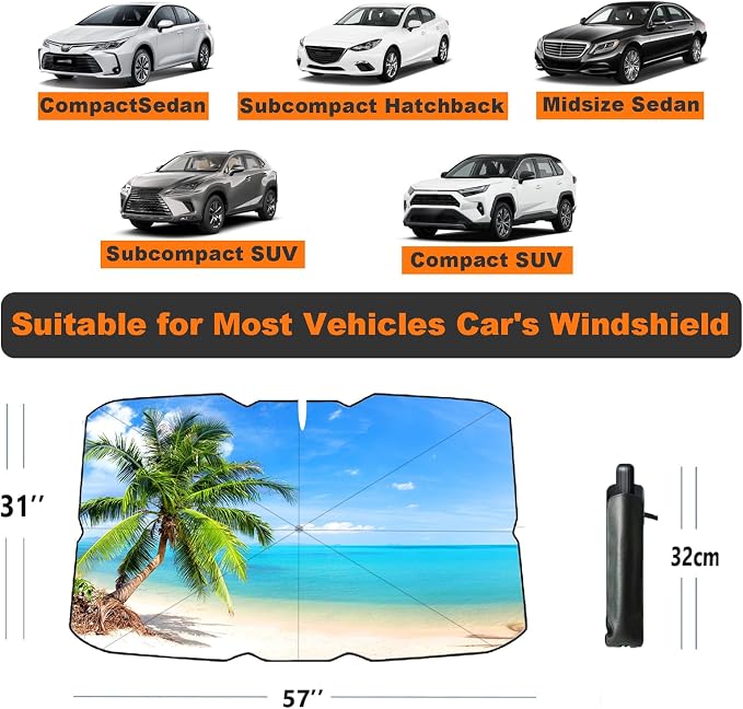 Windshield Sun Shade Umbrella for Car Front Window Sun Visor for Windshield Car Summer Accessories Protect Interior from UV Rays & Heat for Sedan, Compact SUV, Hatchbacks 57"*31" - Image 3