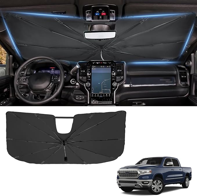 JOYTUTUS Windshield Sunshade Umbrella for Dodge Ram 2010-2025, Automotive Interior Sun Protection Cover, Titanium Silver UV Block Coating, Front Window Heat Insulation Protection - Image 7