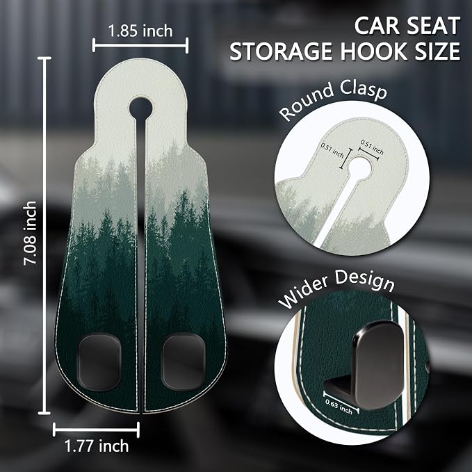 Blusabaca 2PCS Car Seat Headrest Hooks, Purses Bags Holder, Forest Trees | PU Leather, Double Metal Back Storage Hangers for Grocery Bags Handbags Bottles Coats Phones, Car Accessories Organization - Image 5