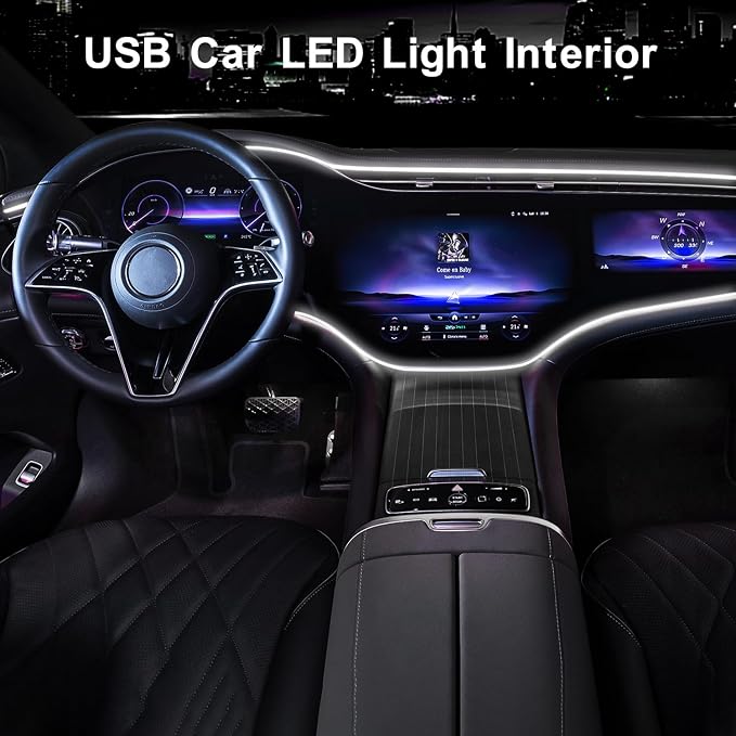 EL Wire Interior Car LED Lights, 16.5FT USB Ambient Lighting Strip, White | USB, Neon Glowing Strobing Electroluminescent Wire, 6mm Sewing Edge, Ambient Lighting Kit For Car Indoor Decoration - Image 3