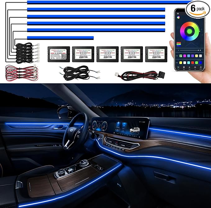 Acrylic Interior Car LED Strip Light with Wireless APP, RGB 6 in 1 & 175 inches 593 LEDs,Car Ambient Lighting Kits Sound Active Function Music Sync LED Strip for Car Accessories by AMKI