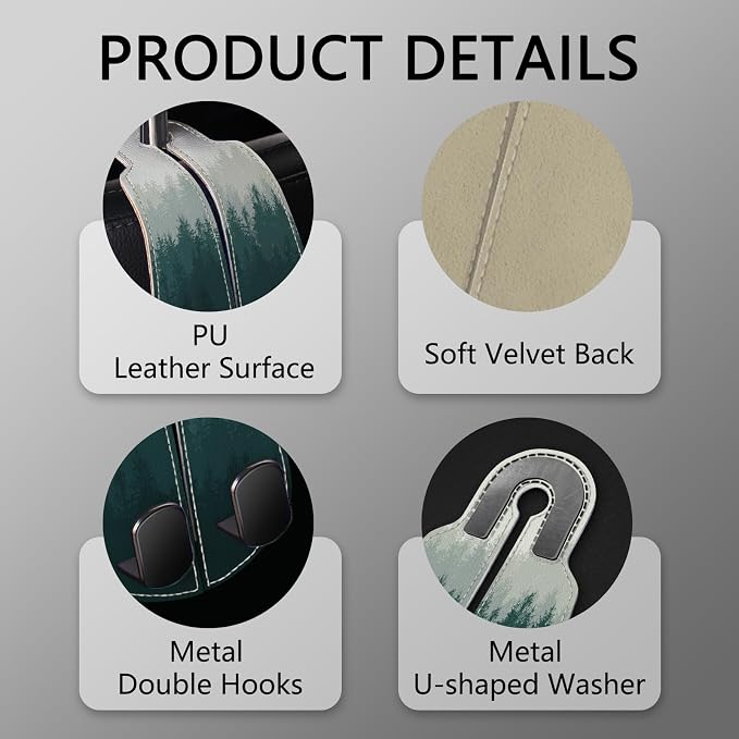 Blusabaca 2PCS Car Seat Headrest Hooks, Purses Bags Holder, Forest Trees | PU Leather, Double Metal Back Storage Hangers for Grocery Bags Handbags Bottles Coats Phones, Car Accessories Organization - Image 4