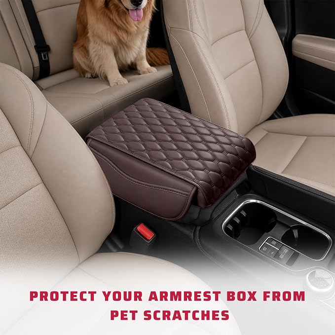 Car Center Console Cover, Memory Foam Auto Armrest Cushion Center Console Pillow Pad with Side Pockets, Anti-Scratch Leather Elbow Pillow Armrest Seat Box Protector for Most Cars (Coffee) - Image 5