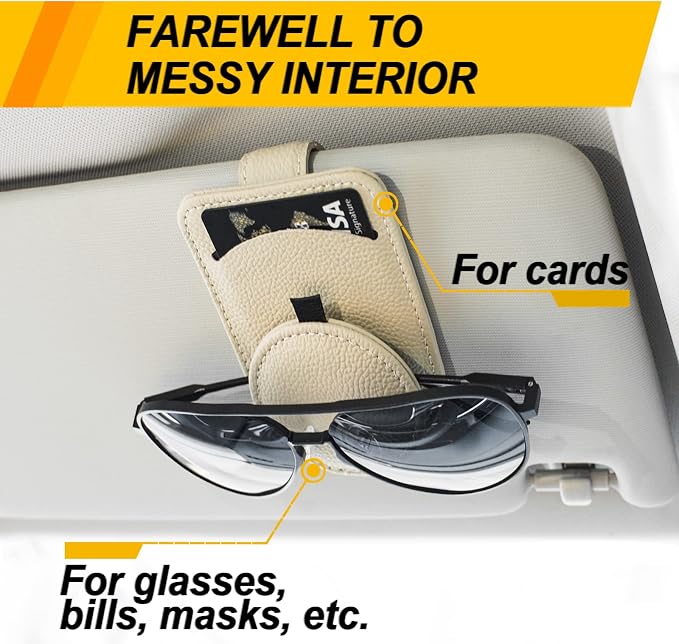 Sunglass Holder for Car Visor, Magnet Adsorbed Sunglasses Holder for Car Accessories Parts, Leather Car Sunglass Holder, Car Visor Sunglasses Clip for Glasses Cards (1PCS, Beige) - Image 3