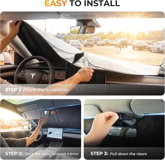 [2026 Upgraded] DooGooCoo Windshield Sun Shade for Tesla Model Y & Model 3 2017-2026 [Cooling Ice-Crystal, 100% Sun Block] Sunshade for Car Windshield for Tesla Model 3 Sunshade Model Y Sunshade. - Image 8