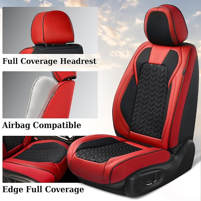 Coverado Seat Covers Full Set, 5 Seats Car Seat Cover Winter, Front and Back Seat Covers for Cars, Breathable Faux Leather Car Seat Cushion, Car Seat Protector Universal Fit for Most Cars Vans, Red - Image 2