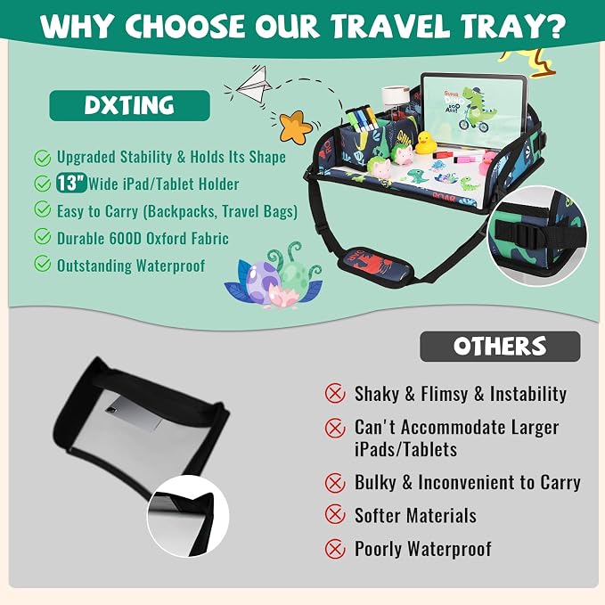 Kids Travel Tray for Airplane - Toddler Car Seat Table Tray, Road Trip Essentials for Boys & Girls, Carseat Lap Desk for Kids Road Trip Activities, Dinosaur - Image 4