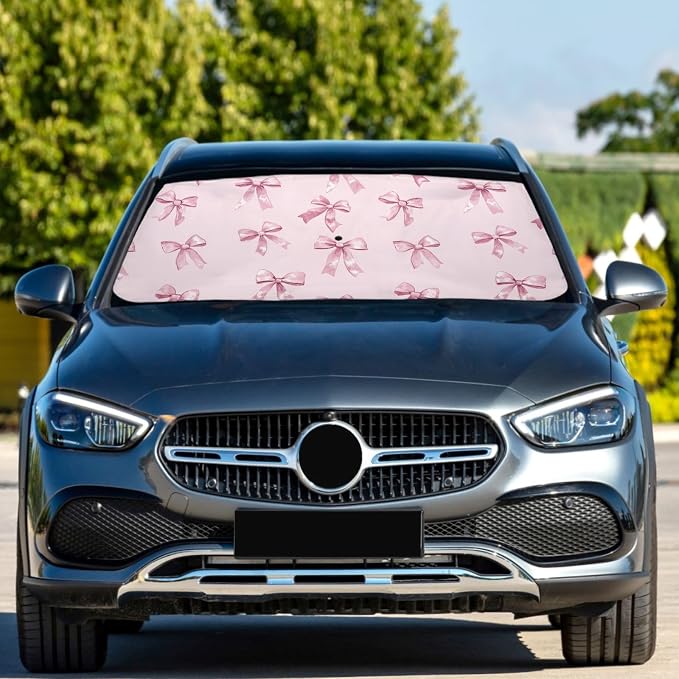 Windshield Sun Shade Umbrella Pink Bows Printed Foldable Car Front Window Sunshade Blocks UV Rays Heat Keep Vehicle Cool 55"x27.5" - Image 2
