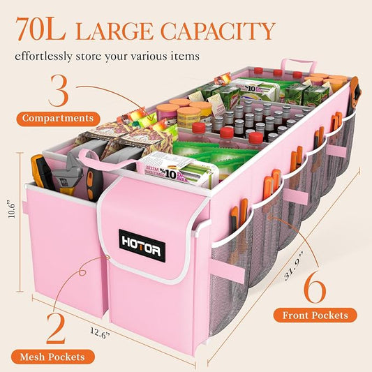 HOTOR Trunk Organizer - Foldable Car Organizer for SUVs & Sedans Storage | Sturdy Car Organization for Men & Women, Car Accessories, Tools, Sundries, Pink, 3 Compartments, 31.9" x 12.6" x 10.6" - Image 2