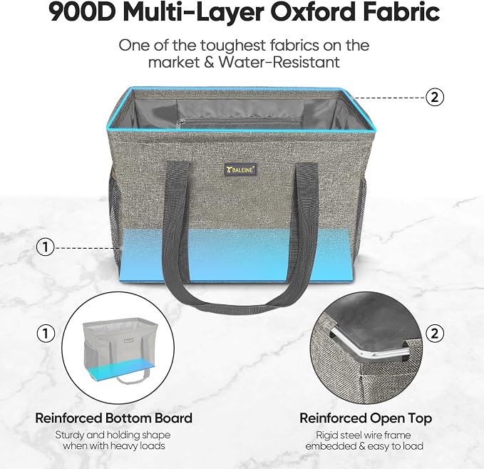 BALEINE Extra Large Utility Tote Bag with Reinforced Wire Frame, Reusable Grocery Bag for Shopping, Picnic (Beige, 16.5''x14''x10'') - Image 2