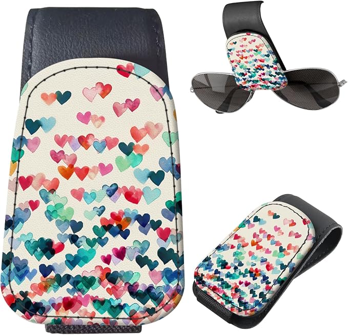 Sunglasses Holder for Car Visor, PU Leather Glasses Clip Organizer, Cute Magnetic Eyeglass Holder for Vehicle Sun Visor, Car Interior Accessory for Women & Men Rainbow Raining Hearts by Unknown