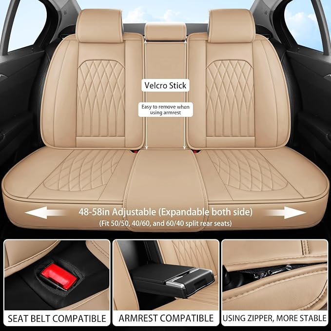 WELLDO Nappa Faux Leather Car Seat Covers Full Set, 5Seats,Beige | Eazy to clean,Easy to install ,Waterproof, Non-Slip,Scratch-resistant, Universal Fit for Most Cars, SUVs, Pickup Trucks - Image 7