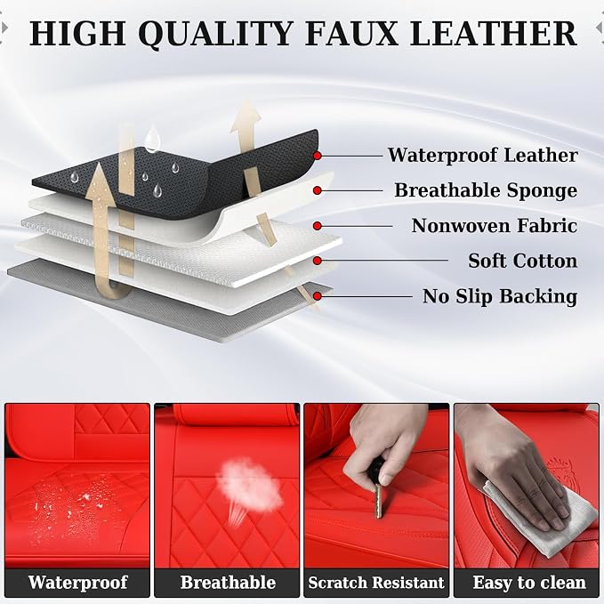 Coverado Car Seat Covers Full Set, 5 Seat Universal Seat Cover for Cars, Luxury Faux Leather Waterproof Seat Cover, Front and Back Car Seat Protector, Auto Seat Covers Fit for Most Vehicles, Red - Image 5