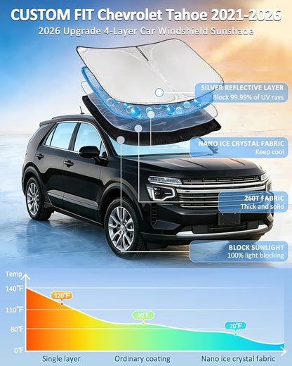 for Chevrolet Tahoe 2021-2026 Windshield Sun Shade - 4 Layers Car Sunshades | for Front Windows Shade Cover Custom Fit Tahoe Sun Visor 250T Retractable Shade Blocks UV Rays Car Accessories - Image 2