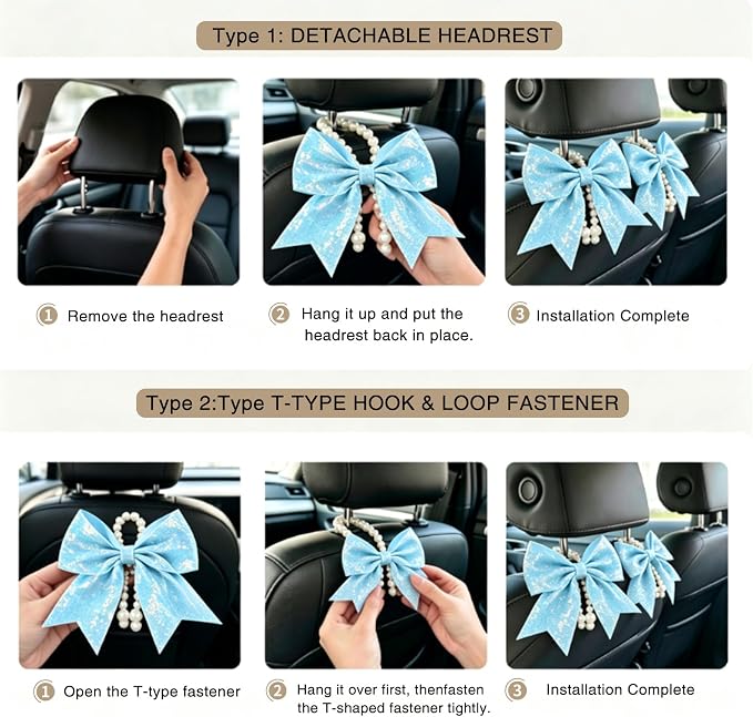 2 Pack Pearl Car Seat Headrest Hook with Bow & Sequin/Leopard/Polka Dot Design – Cute Purse Hanger for Vehicle,Grocery Bags, Umbrellas, Seat Back Organizer for Women (Light Blue Sequins) - Image 6