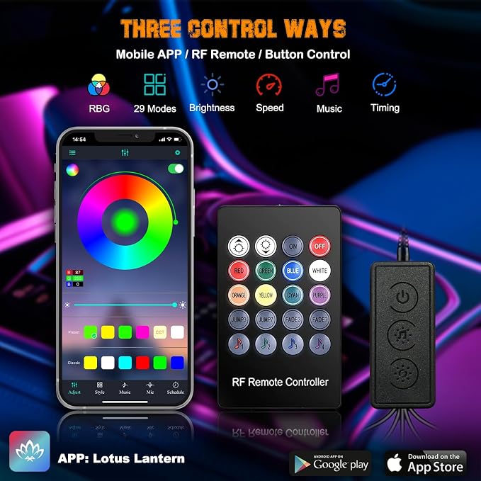 Jushope Car LED Lights, Interior Car Lights with Wireless APP/RF Remote/Button Control, Car Ambient Lighting Kit with 236" Integrated Molding Fiber Optic RGB Sync to Music (9 in 1-USB) - Image 3