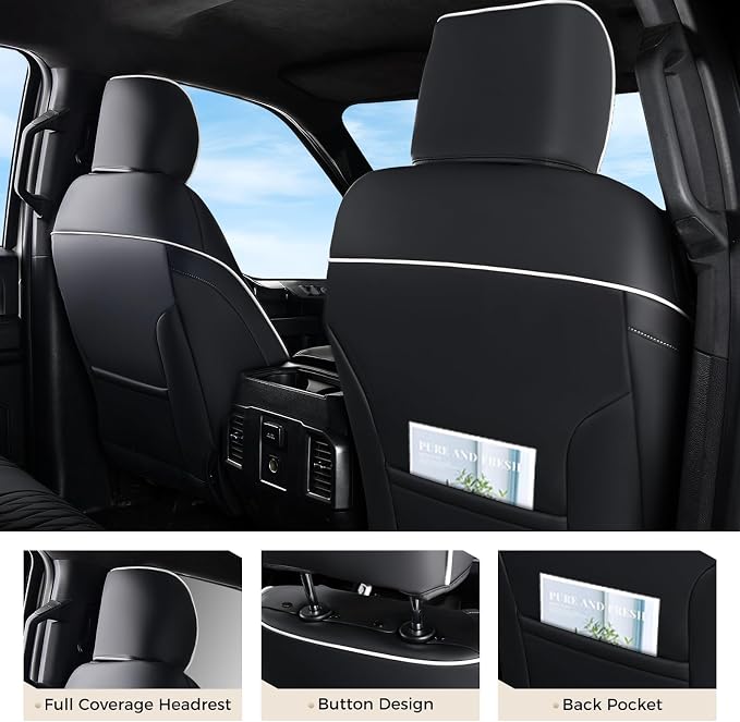 Coverado Premium Leather Front Seat Covers Waterproof Heavy-Duty Protectors Custom Fit for Ford F150 (2015-2026) F250/F350/F450 (2017-2026)-Black w/White Stitching, Wear-Resistant - Image 2