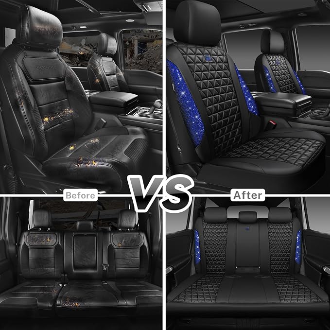 CAR PASS Bling Diamond Black Leather Car Seat Covers Full Set Interior Sets, Waterproof Shining Glitter Sparkly Crystal Universal Armrest Fit Automotive Truck SUV Cute Women Girl, Blue Rhinestone - Image 6