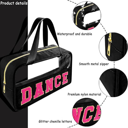 Bunliuys Chenille Letter Clear Makeup Bag Dance Patch, Travel Toiletry Makeup Bag with Handle, Nylon Waterproof Makeup Bags clear cosmetic bag, preppy patch makeup bag for Women (DANCE-Black) - Image 3