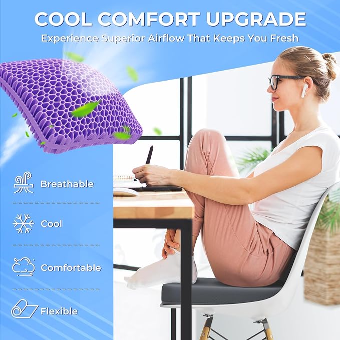 TushGuard Gel Seat Cushion for Long Sitting, Breathable Thick Patent Design | Enlarged Cooling Chair Pad for Office Chair, Wheelchair, Desk Chair, Supportive Car Cushion (2"Thick, Grey+Violet) - Image 2