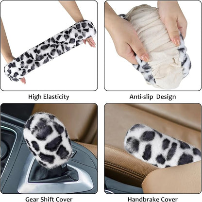 Accmor Fuzzy Car Steering Wheel Cover, Universal Fit Fur Auto Wheel Cover & Handbrake Cover & Gear Shift Cover Set, Leopard Winter Warm Fluffy Vehicle Wheel Protector Car Accessories for Men Women - Image 3