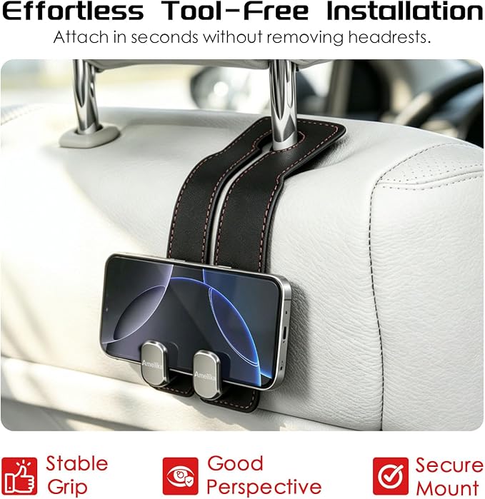 Car Headrest Hook, Car Seat Headrest Hooks and Purse Hook for Car, Leather Seat Back Organizer with Phone Holder, Universal Hidden Storage for SUV/Truck (Light Blue-2Pack) - Image 7