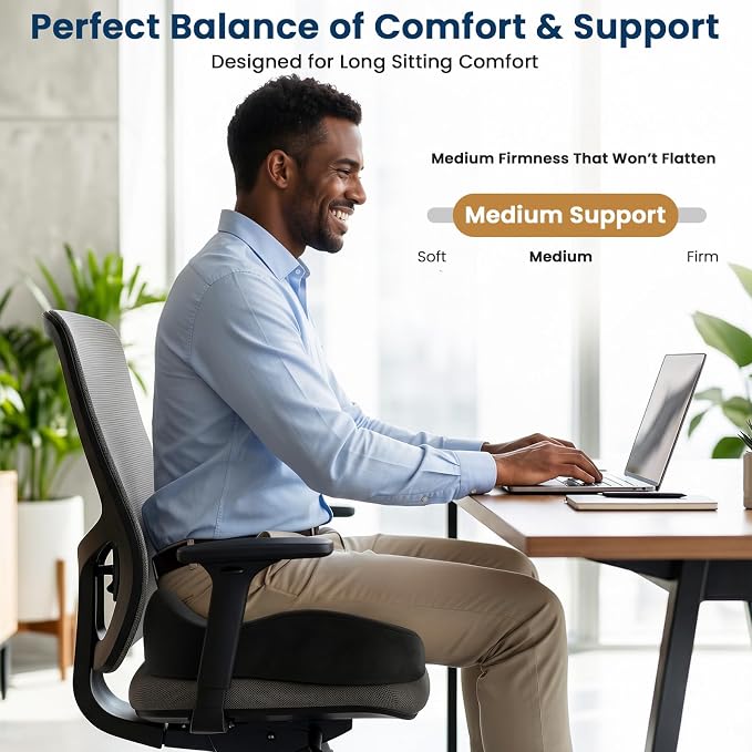 BlissTrends Memory Foam Seat Cushion for Office Chair & Car Seat, Black | Ergonomic Tailbone & Sciatica Support with Removable Velvet Cover for Pressure Relief and Long Sitting Comfort, 3.3" Thick - Image 2