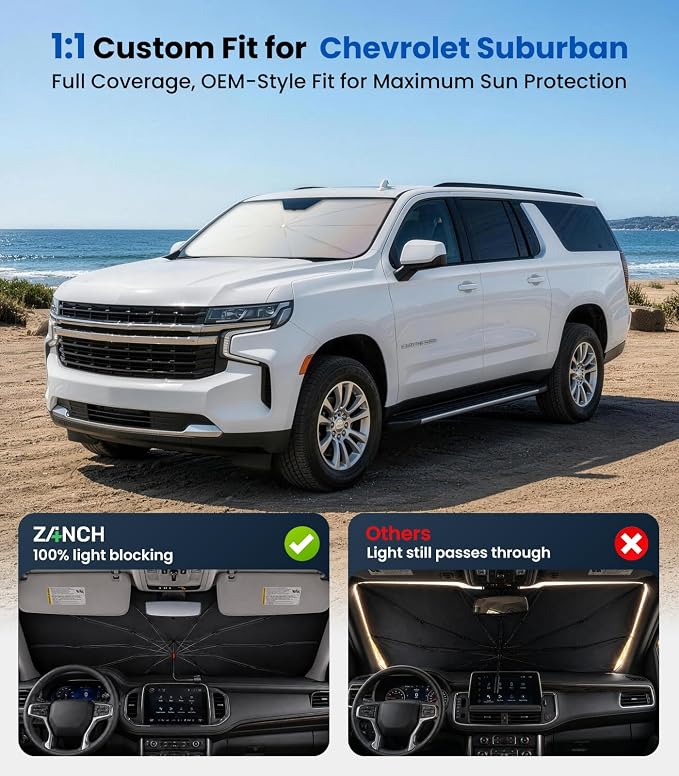 Zanch Windshield Sun Shade Umbrella: 1:1 Custom Fit for Chevrolet Suburban 2015-2026 [99% UV Protection, Up to 75℉ Cooler] Reflective Heat Shield, Built to Last, Foldable Front Sunshade Umbrella - Image 2