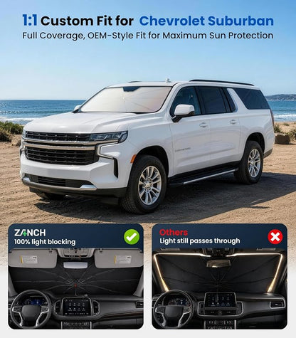 Zanch Windshield Sun Shade Umbrella: 1:1 Custom Fit for Chevrolet Suburban 2015-2026 [99% UV Protection, Up to 75℉ Cooler] Reflective Heat Shield, Built to Last, Foldable Front Sunshade Umbrella - Image 2