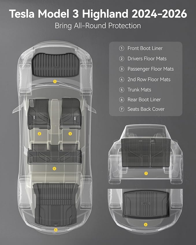 3W Floor Mats with Metal Pedal for Tesla Model 3 Highland 2024-2026 | Full Set with Seatback Protector, TPE All Weather Custom Fit Rear Trunk Mat,Cargo Liner Model 3 Accessories, Black - Image 2