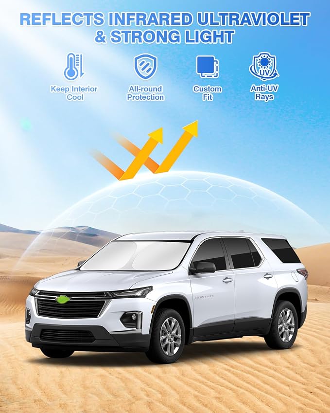 Canvcle Sunshades for Chevrolet/Chevy Traverse 2018-2023 Accessories Windshield Sun Shade Side Rear Window Shade Cover Sun Visor Shield Privacy Protection Keep Vehicle Cool Black 8PCS - Image 2