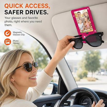 2-in-1 Car Visor Sunglasses & Photo Holder, Magnetic PU Leather Glasses Clip with Picture Display Slot, Universal Sun Visor Organizer for Eyeglasses, Personalized Cards & Memories, Hot Pink Glitter - Image 2