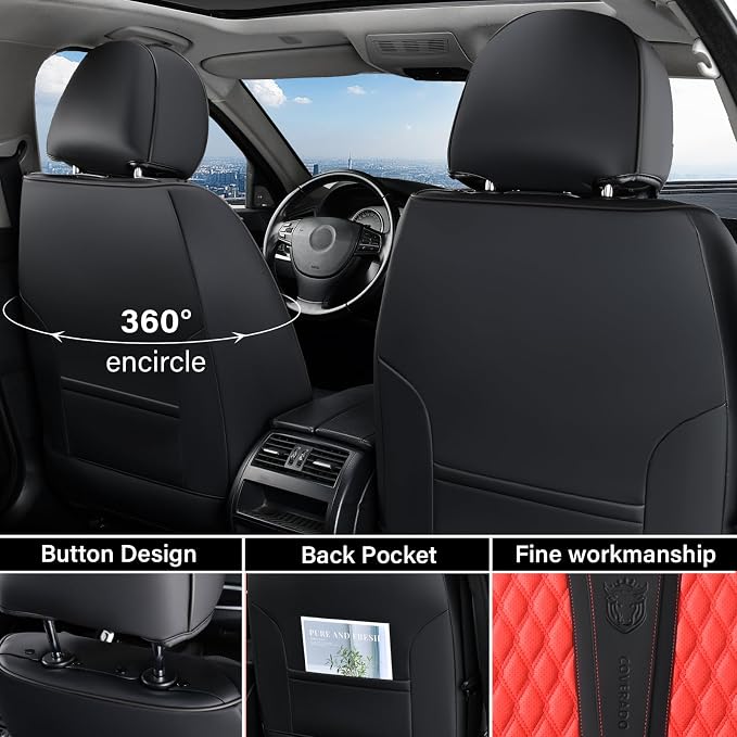 Coverado Car Seat Covers Full Set, 5 Seat Leather Seat Covers for Cars, Car Seat Protector with Lumbar Support, Waterproof Seat Covers Universal Fit for Most Cars SUV Trucks (Red&Black) - Image 4