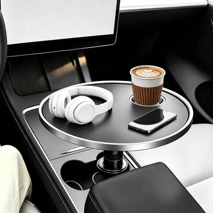 360° Rotating Round Car Desk Laptop Table for Tesla/Ford | ABS Cup Holder Tray for Working & Eating for Tesla Model Y/3/S, for Ford Explorer Maverick Most Vehicles Accessories (Black) by ERIVIS