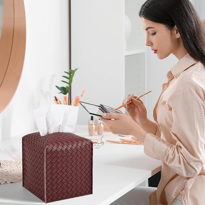 Tissue Box Cover Square Leather Facial Paper Holder, Dark red | PU Leather，Easy to Fill, Easy Clean, Decorative Cube Tissue Box Holder for Office, Bathroom,Kitchen, Living room, Guest room - Image 3