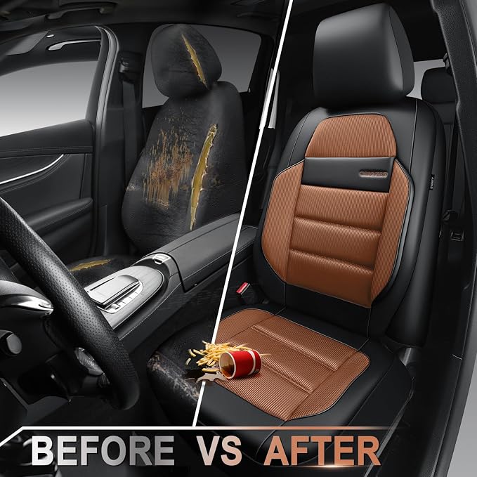 CAR PASS Memory Foam Seat Covers Front, Airy Cool Mesh Thick Car Seat Covers, Leather Car Seat Covers Front Seats Airbag Compatible, Universal Automotive Comfort for Most Cars, Trucks, SUV, Brown - Image 6